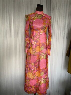 Vintage 60’s Handmade Pink Floral Maxi Dress with Sheer Long Sleeves